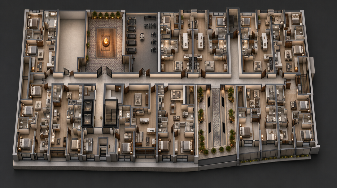 GPT Image 2 isometric render variant 1: a 3D residential rendering with strong lighting and material quality, but altered footprint and reinterpreted room layout compared to the source plan.