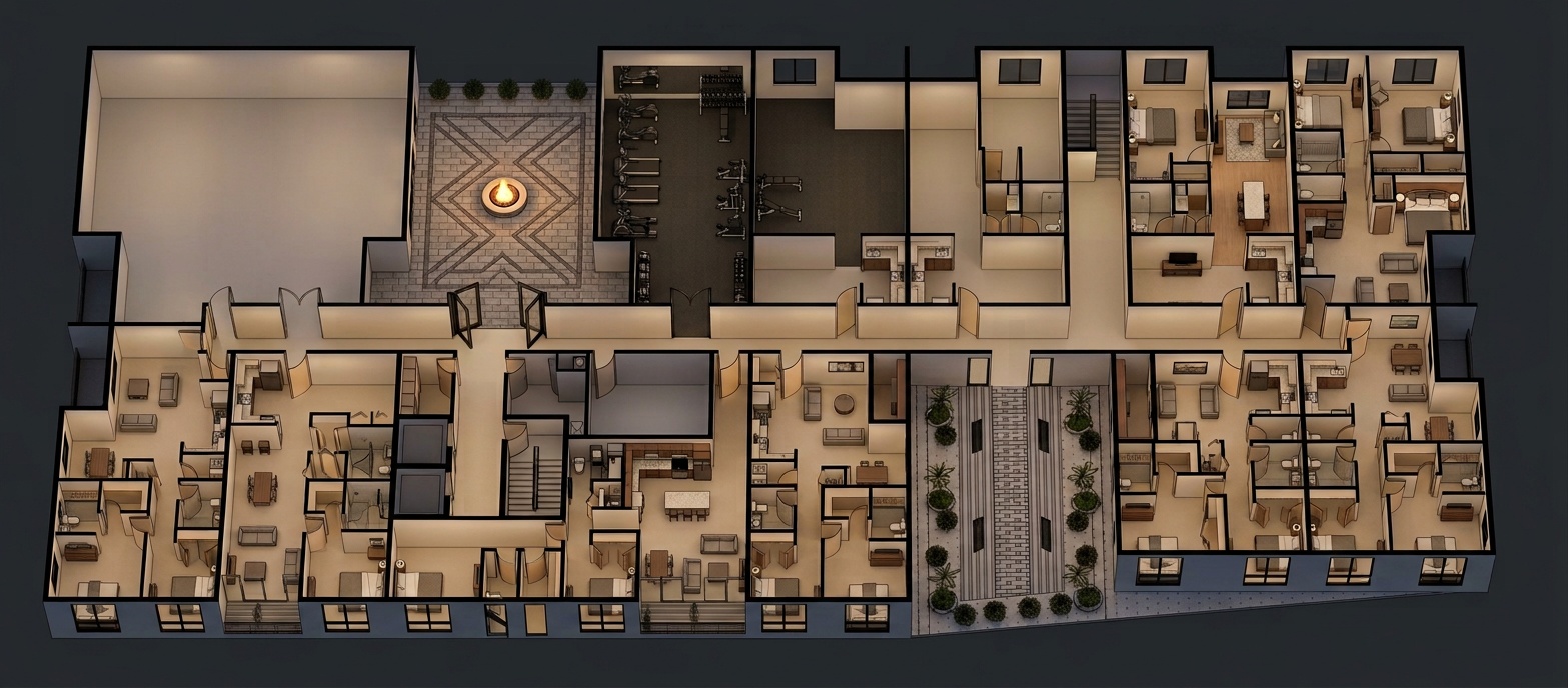 Nano Banana 2 isometric render variant 1: 3D dollhouse view of the residential plan with intact walls, central courtyard with fire pit, geometric stone pavers, and warm interior lighting.