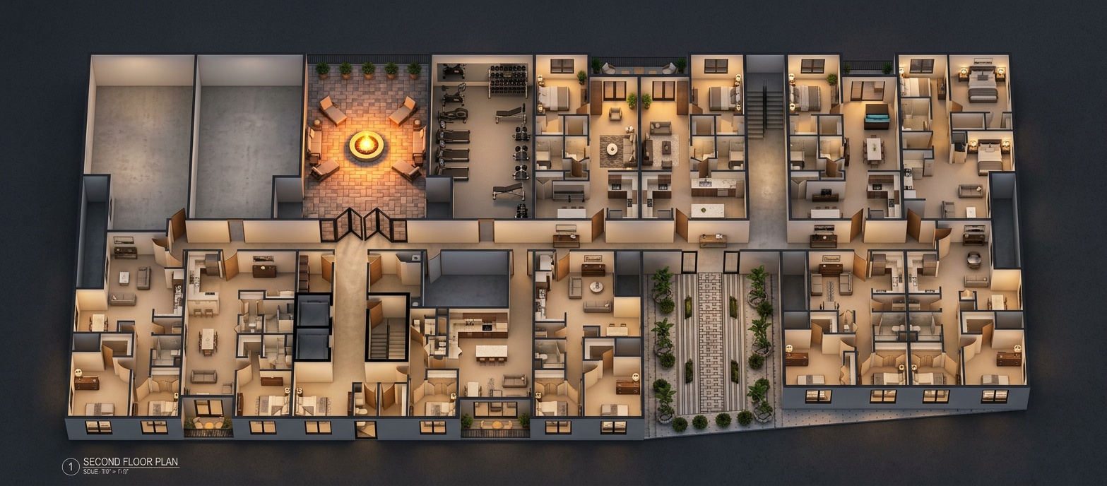 Nano Banana 2 isometric render variant 2: same residential plan with slight variation in furniture density and lighting, layout still 1:1 with source.