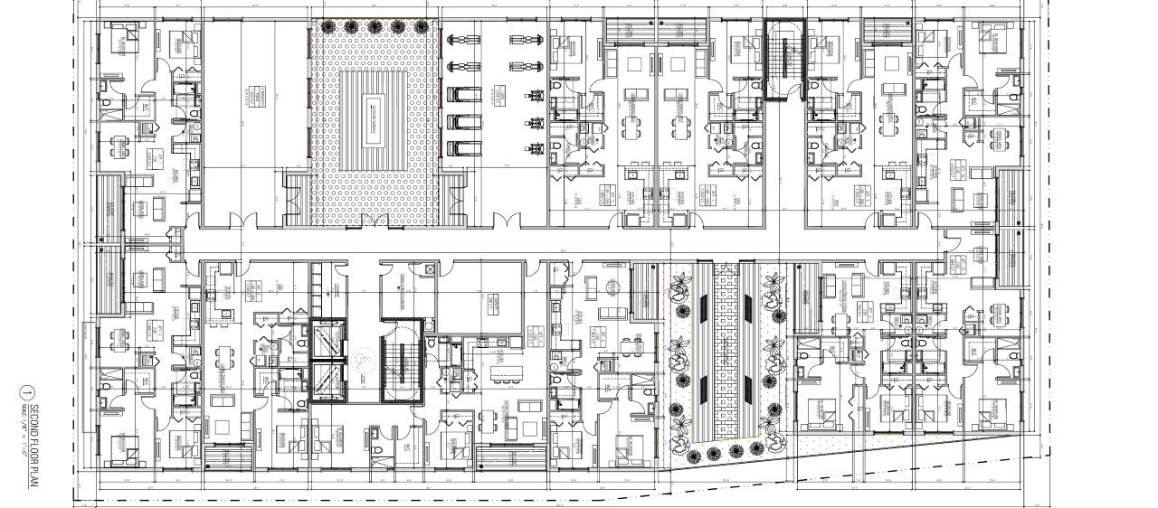 2D residential floor plan showing courtyard with central fire pit, gym, multiple bedrooms, and an empty side room, drawn in standard architectural notation.