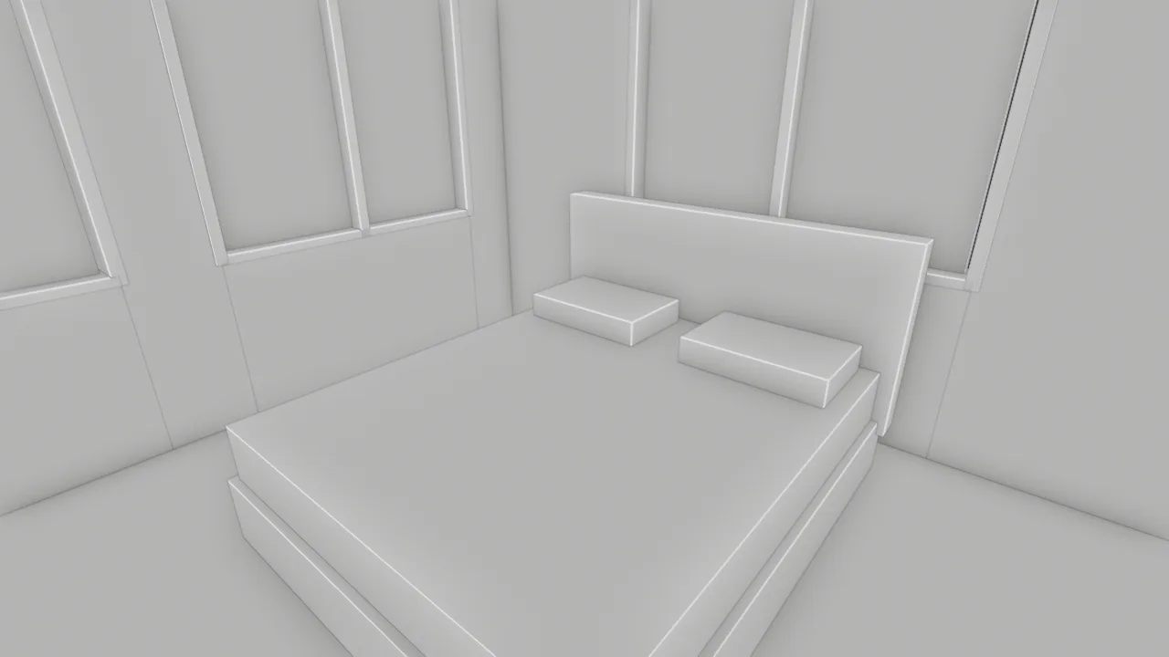 Clay render of a bedroom in the corrected model, with a double bed, headboard and two windows.
