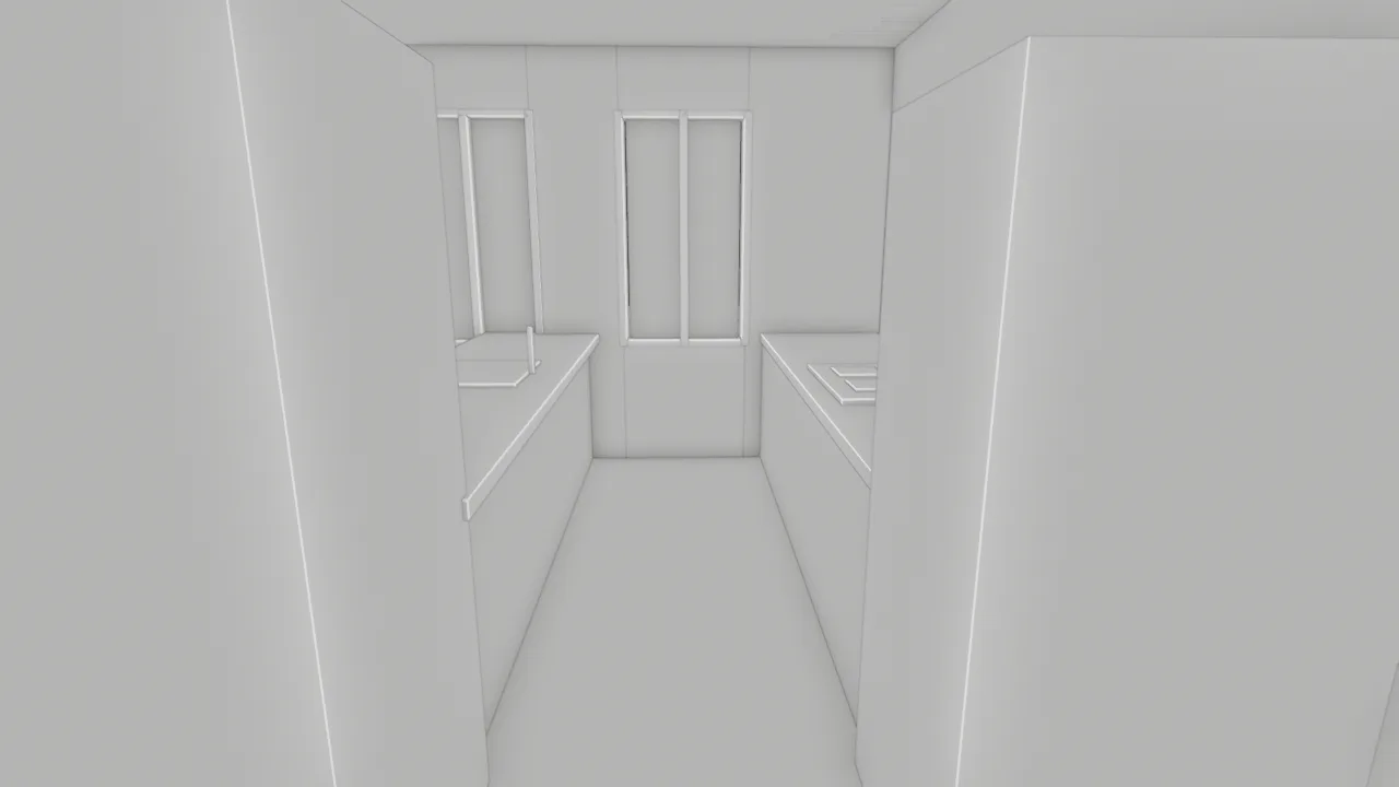 Clay render of the corrected kitchen, with counter runs on both sides of a narrow galley and windows at the far end.