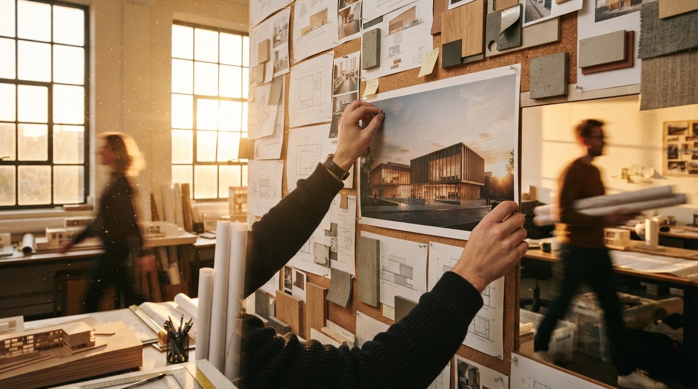 An architectural draft print on a studio desk displaying a modern concrete museum pavilion with subtle entourage.