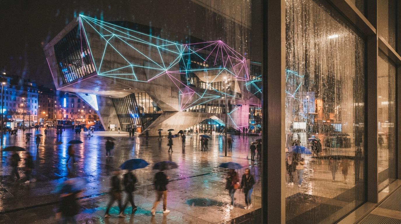 A night view of a modern concrete building with vibrant artificial light streaks and motion-blurred pedestrians.