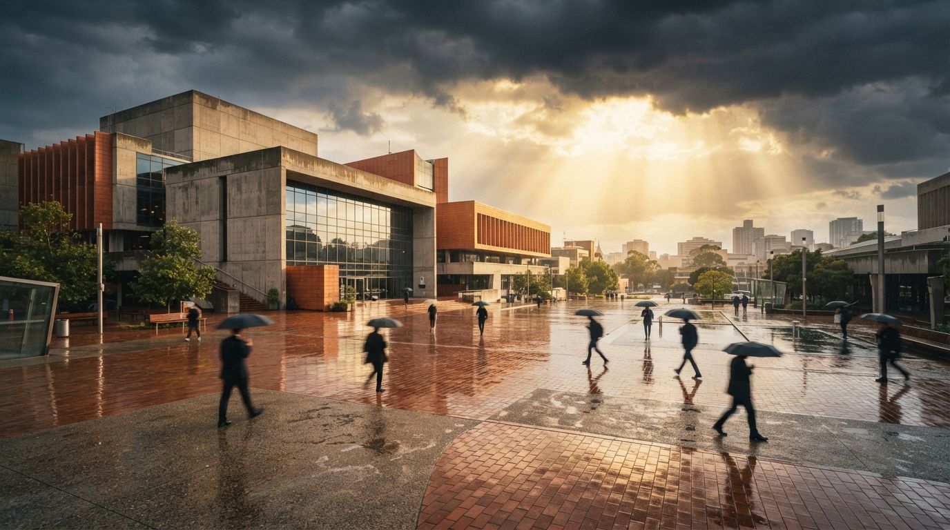 Pedestrians walk across a rain-slicked plaza outside a modern concrete civic center as sun shafts break through dark storm clouds.