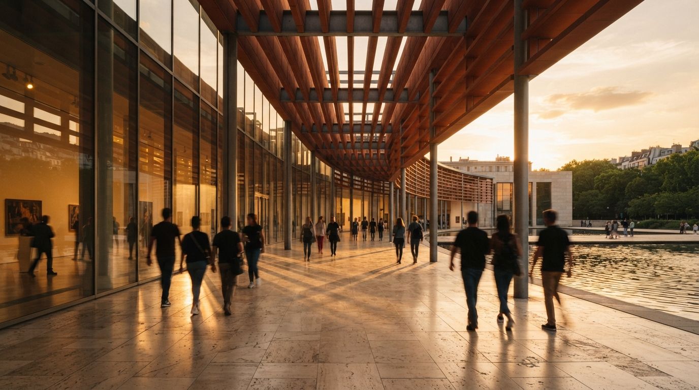 A glass and terracotta museum arcade bathed in golden hour sunlight with blurred figures walking across the plaza.