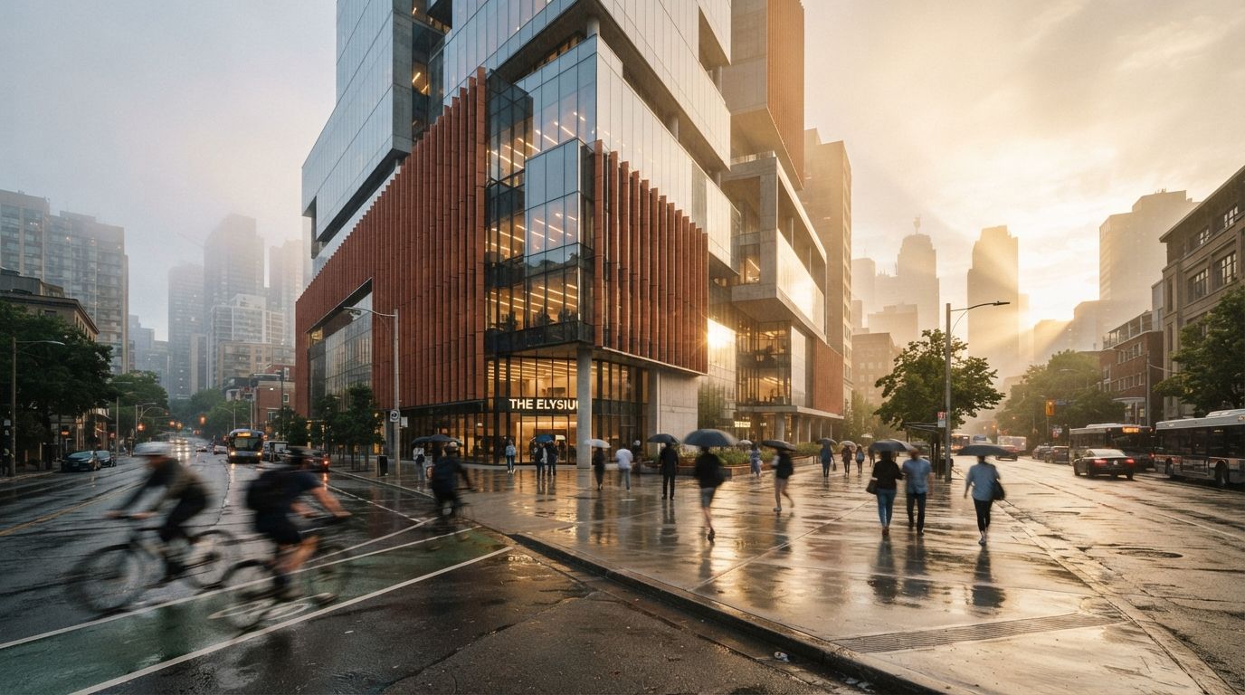 A modern terracotta and glass civic building on a wet urban street during early morning mist, with motion-blurred cyclists and pedestrians in the foreground.