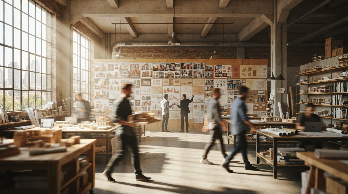An architectural studio pin-up wall covered in numerous facade design printouts with figures moving through the sunlit space.