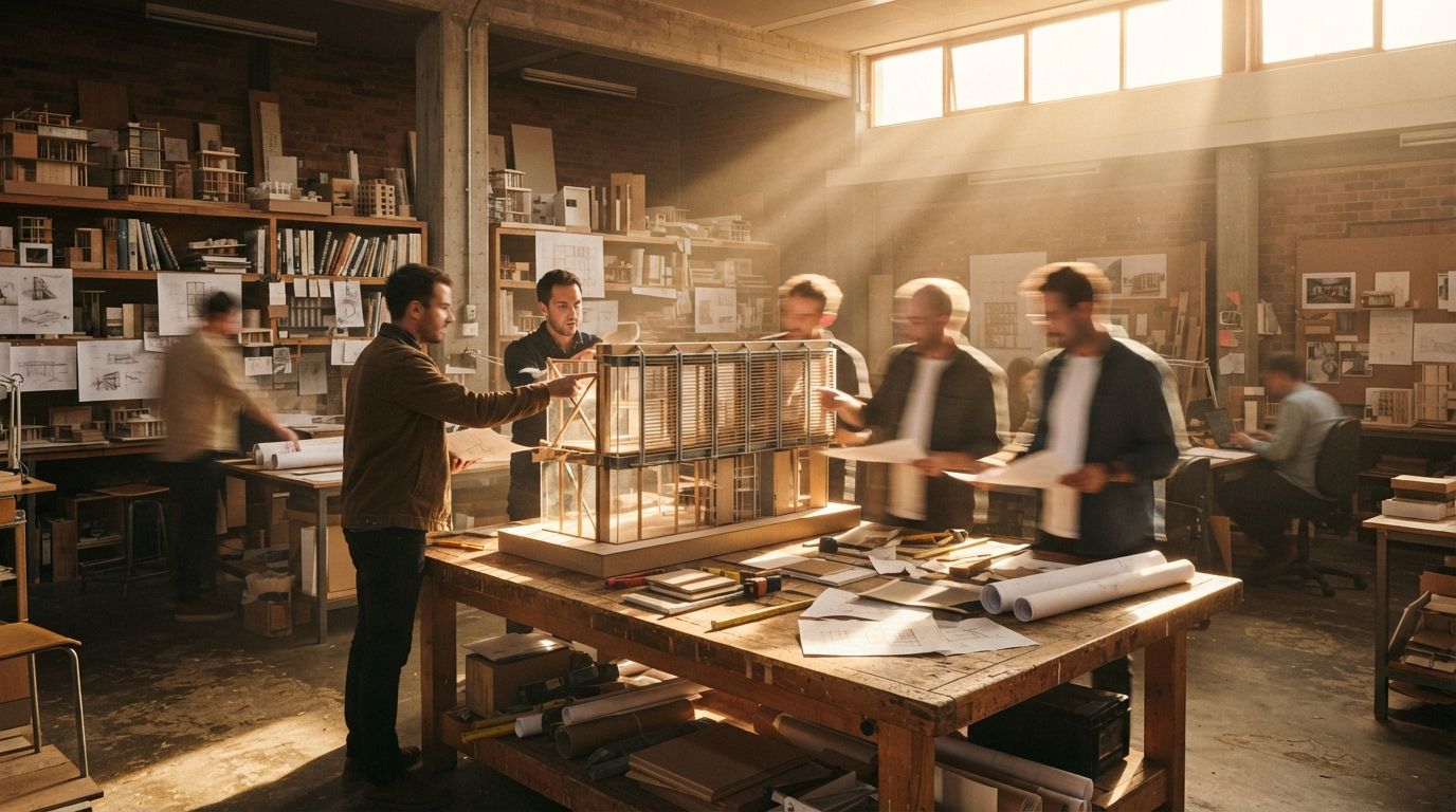 Architects review a large physical facade model inside a sunlit architectural workshop.