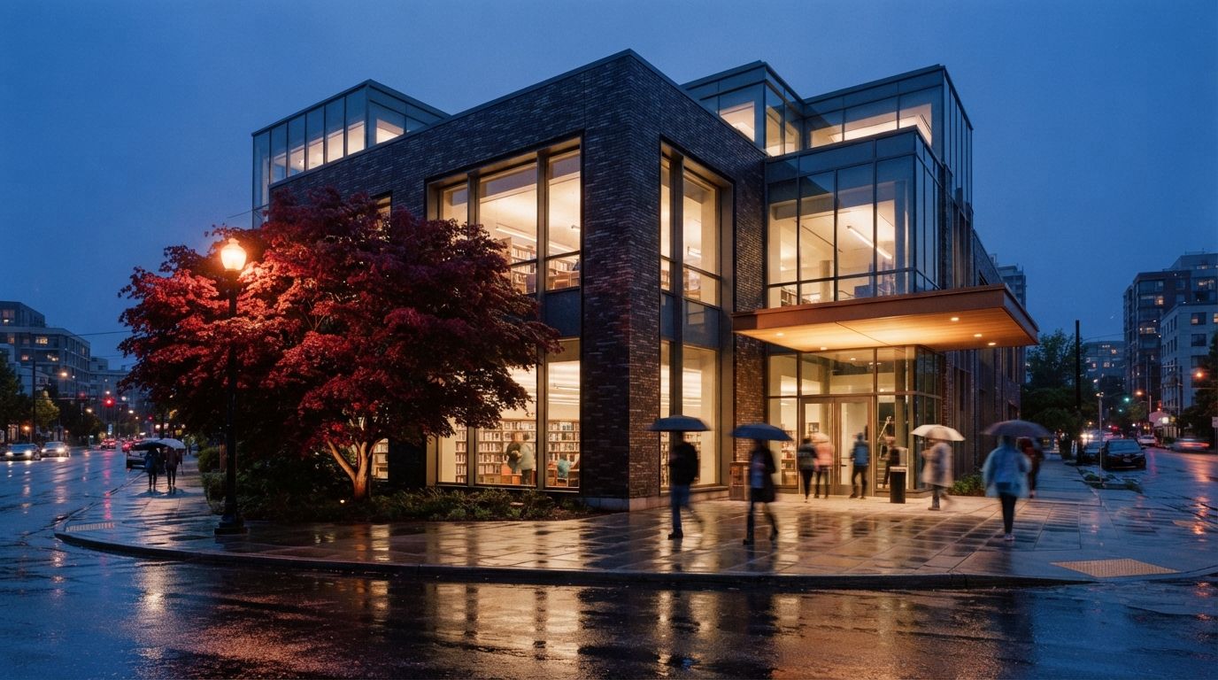 A modern brick library on a rain-slicked street corner at dusk with a mature maple tree by the entrance.