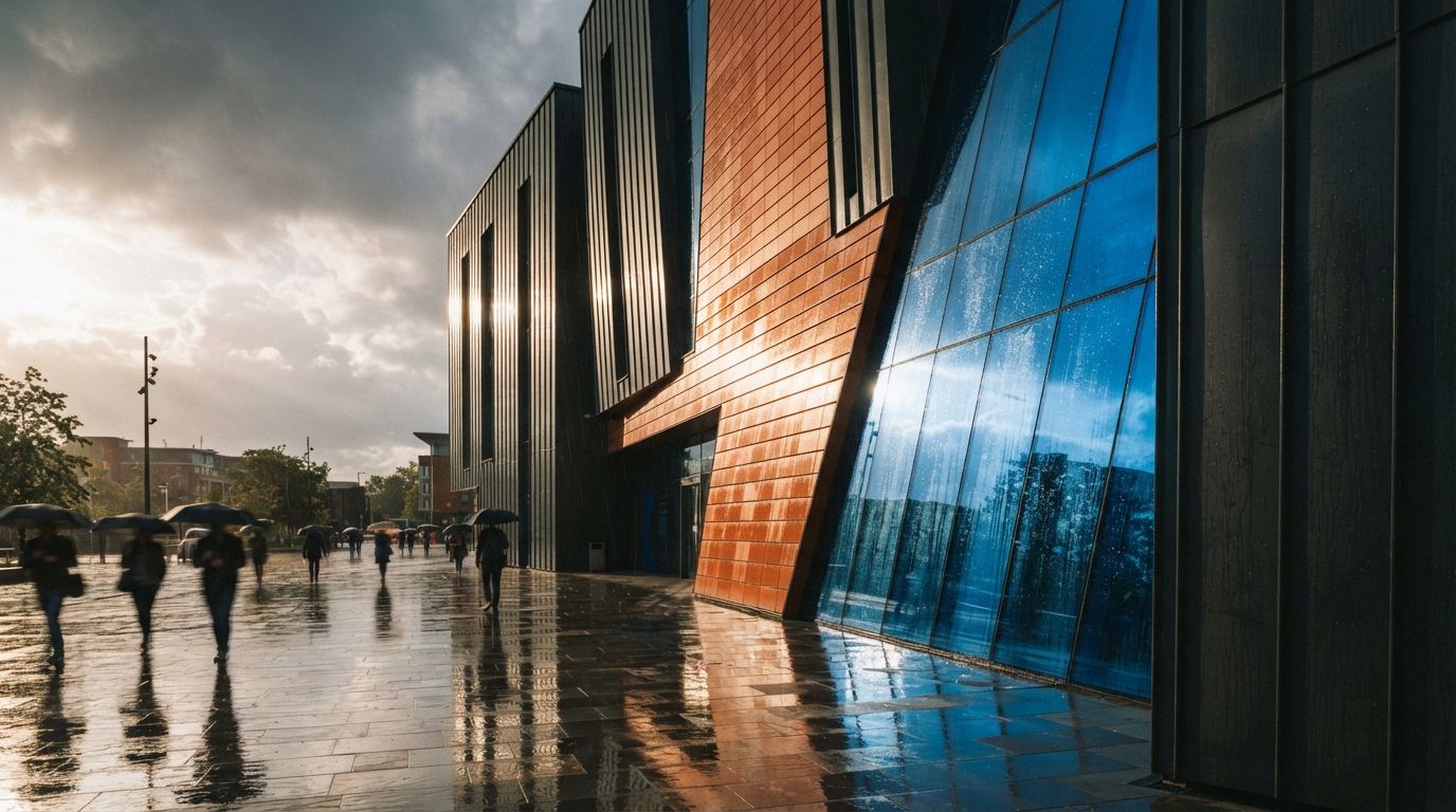 A drenching monsoon storm clears over a modern building facade featuring contrasting glass and terracotta cladding as pedestrians walk past.