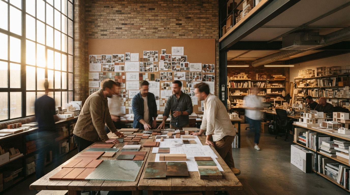 Architects gather around a large workshop table strewn with physical material swatches in a sunlit studio loft.