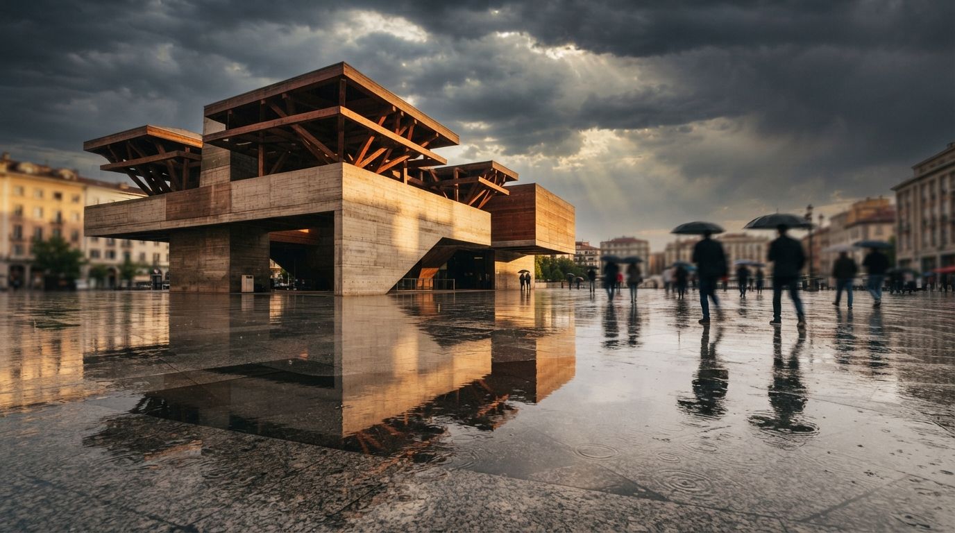A large geometric timber pavilion reflecting on a wet plaza under storm clouds as sun shafts break through.