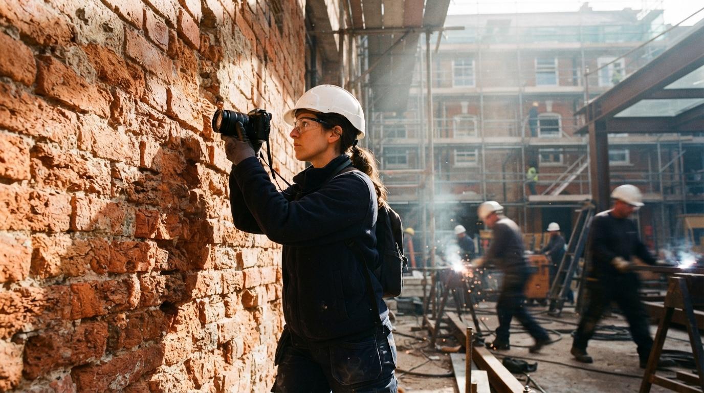 An architect captures a close-up photo of a weathered terracotta brick wall on a sunlit renovation site.