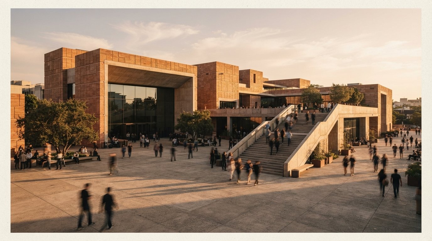A wide golden-hour view of a multi-tiered terracotta museum plaza filled with walking visitors.