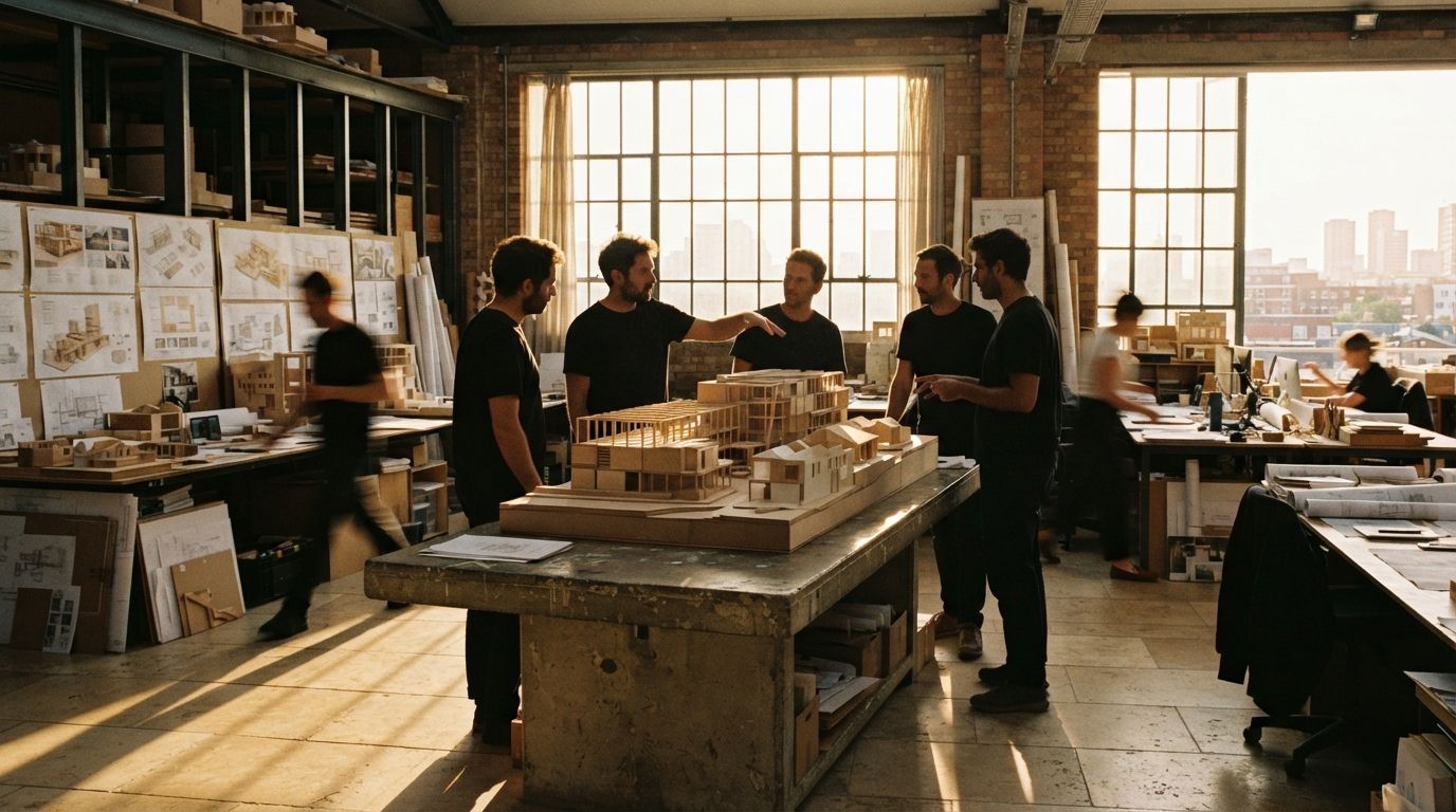 Architects gather around a large physical scale model in a sunlit industrial design studio.
