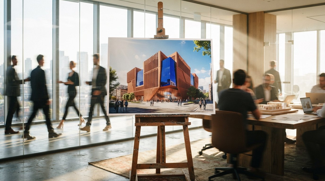 An oversized architectural print displayed on an easel in a bright boardroom during a project presentation.
