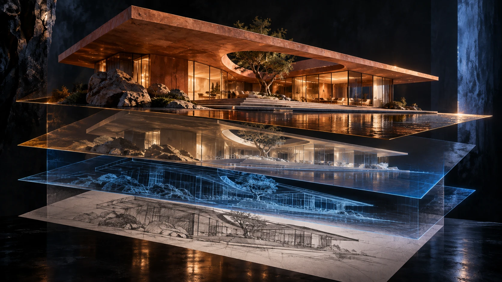 A glowing terracotta pavilion floats above transparent layers of architectural sketches, linework and material studies.