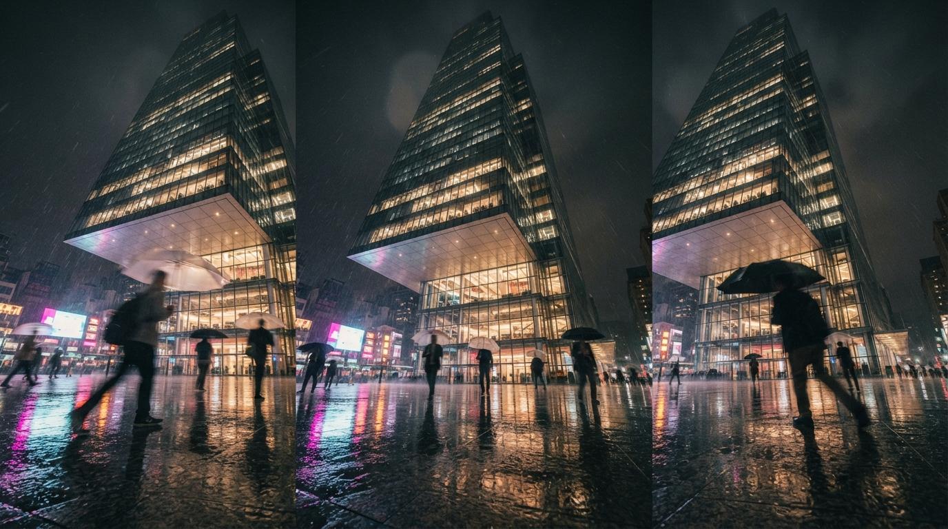 A worm's-eye view of a modern skyscraper at night reflected in a wet, neon-lit plaza with pedestrians.