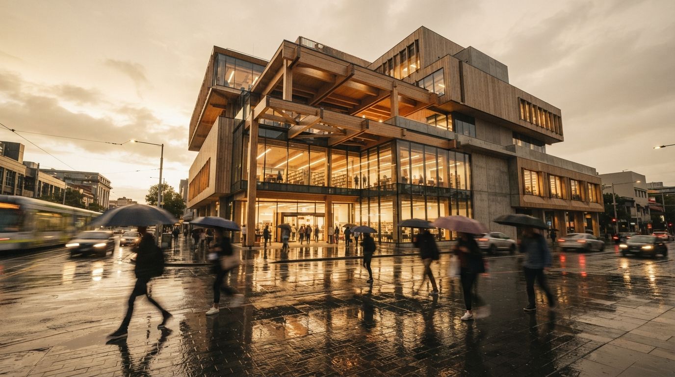 A rain-washed multi-story timber and glass architectural pavilion reflected on wet city pavement with pedestrians in motion.
