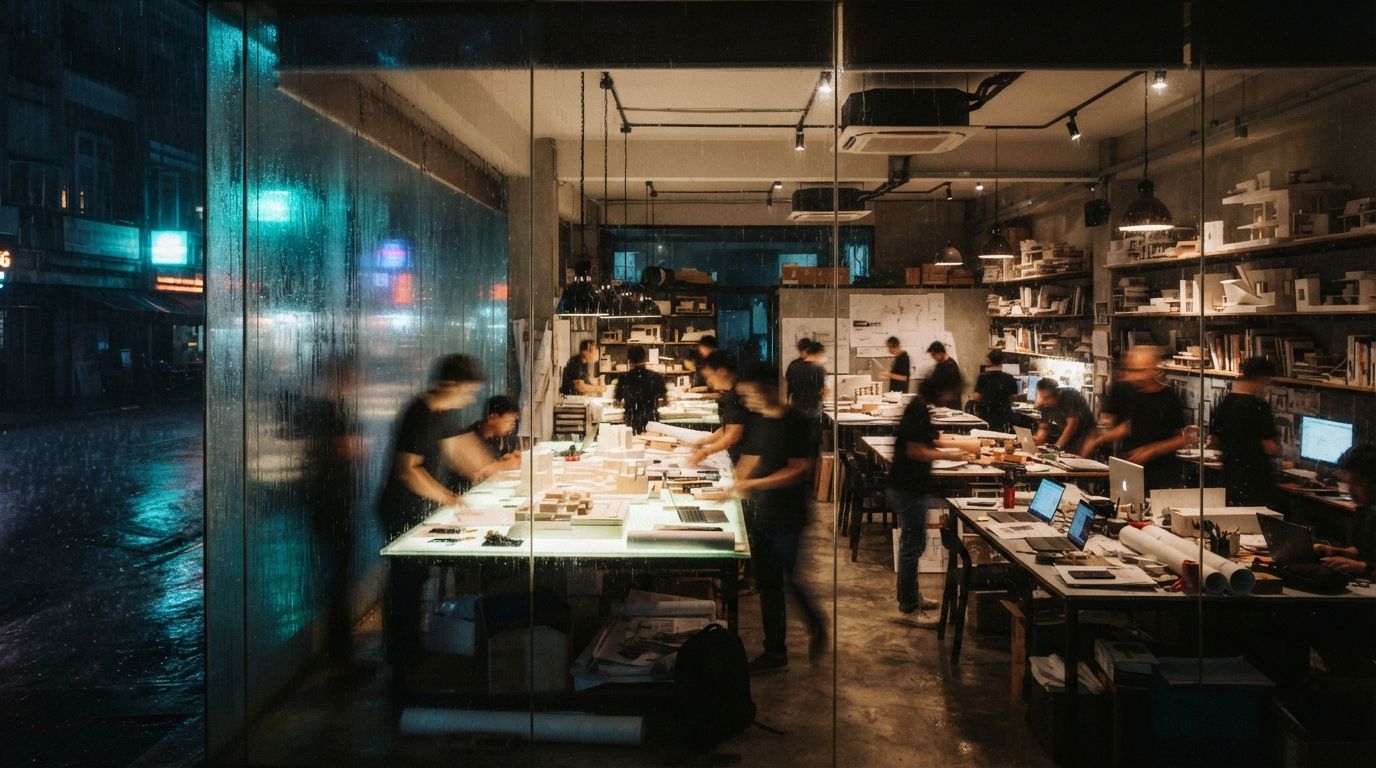 A late-night architecture office seen through a rain-splattered glass wall during a monsoon storm.