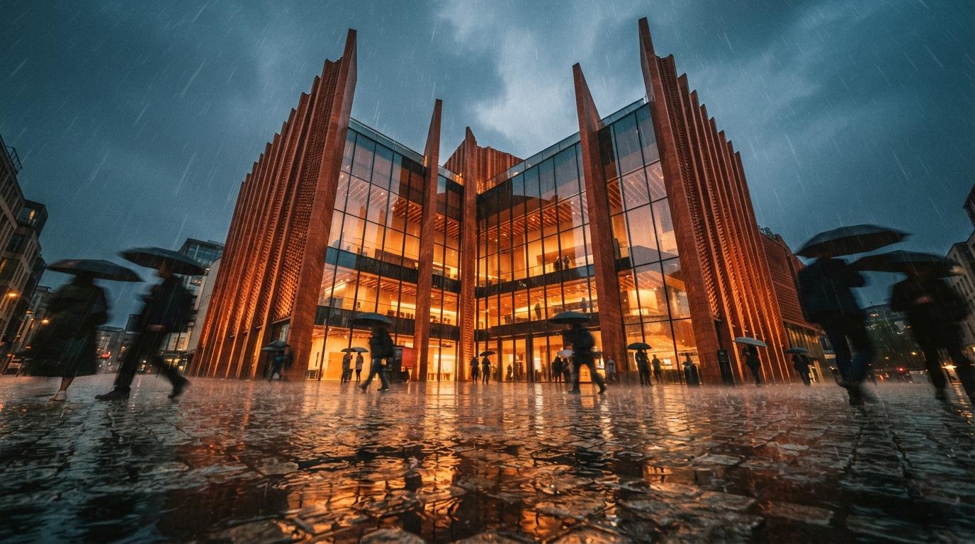 A low-angle view of a modern terracotta building facade reflected in rain-soaked pavement during a storm.