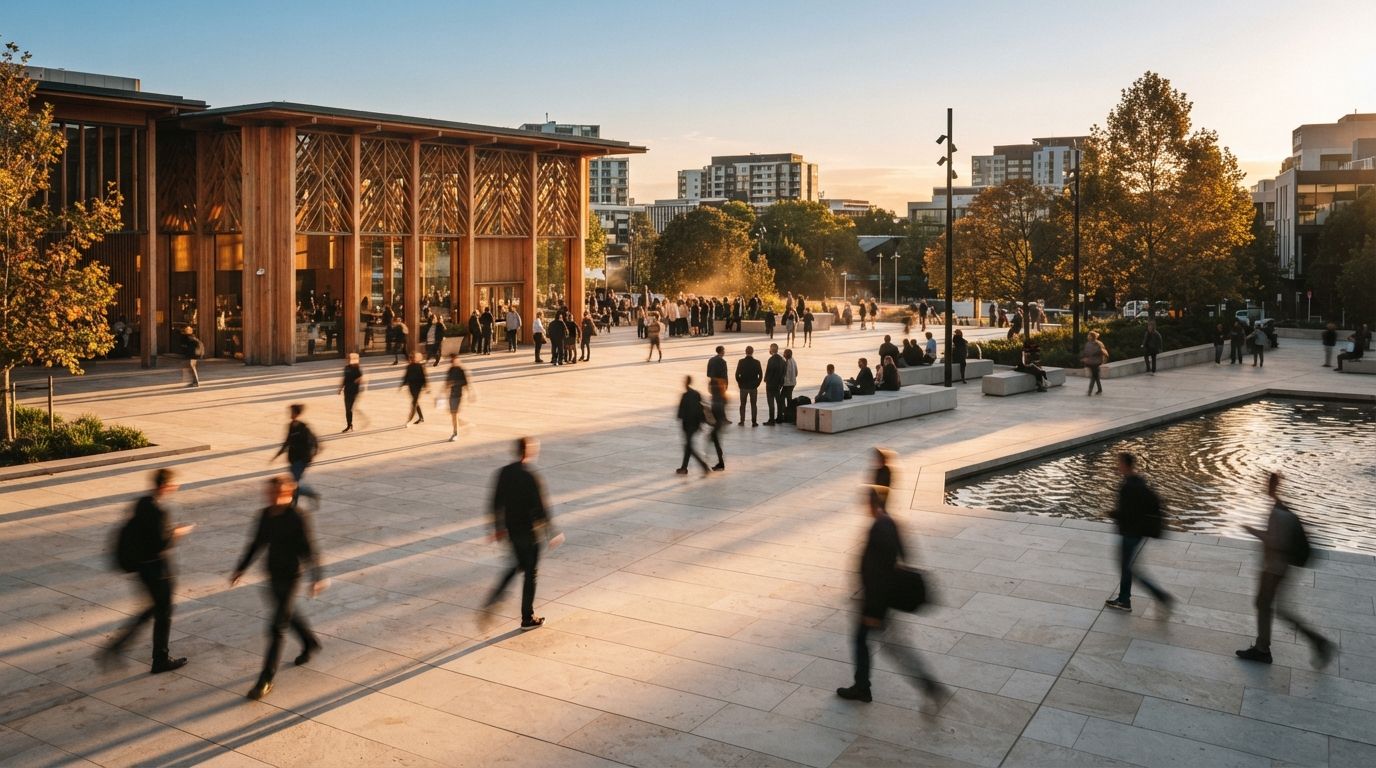 A wide outdoor public plaza featuring modern timber architecture and blurred figures walking during golden hour.