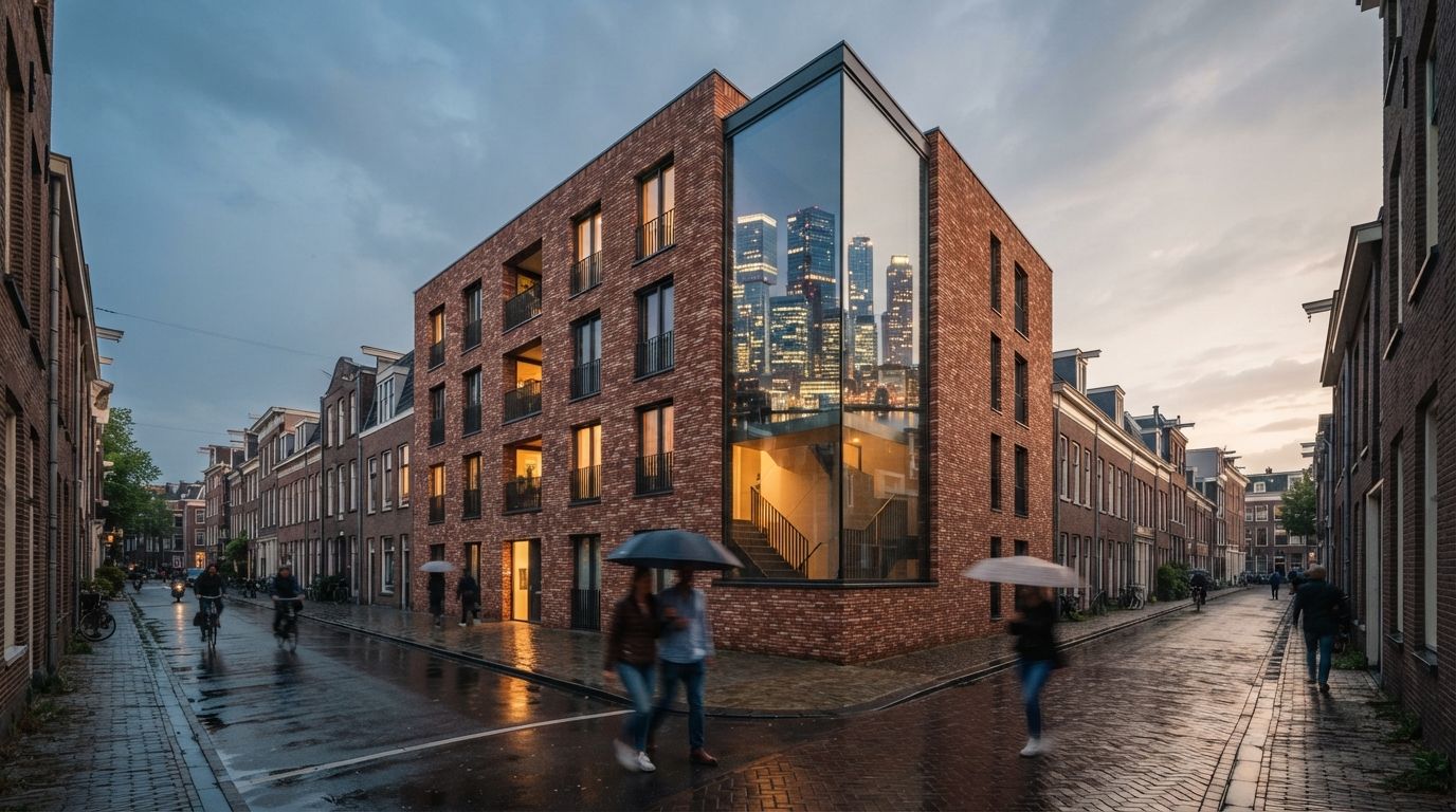 A four-story brick building stands on a narrow residential street, its glass corner reflecting an imaginary city skyline.