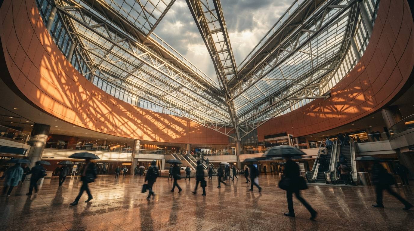 A low-angle view looking up through a glass atrium ceiling during a clearing rainstorm as sunlight washes over a wet plaza floor.