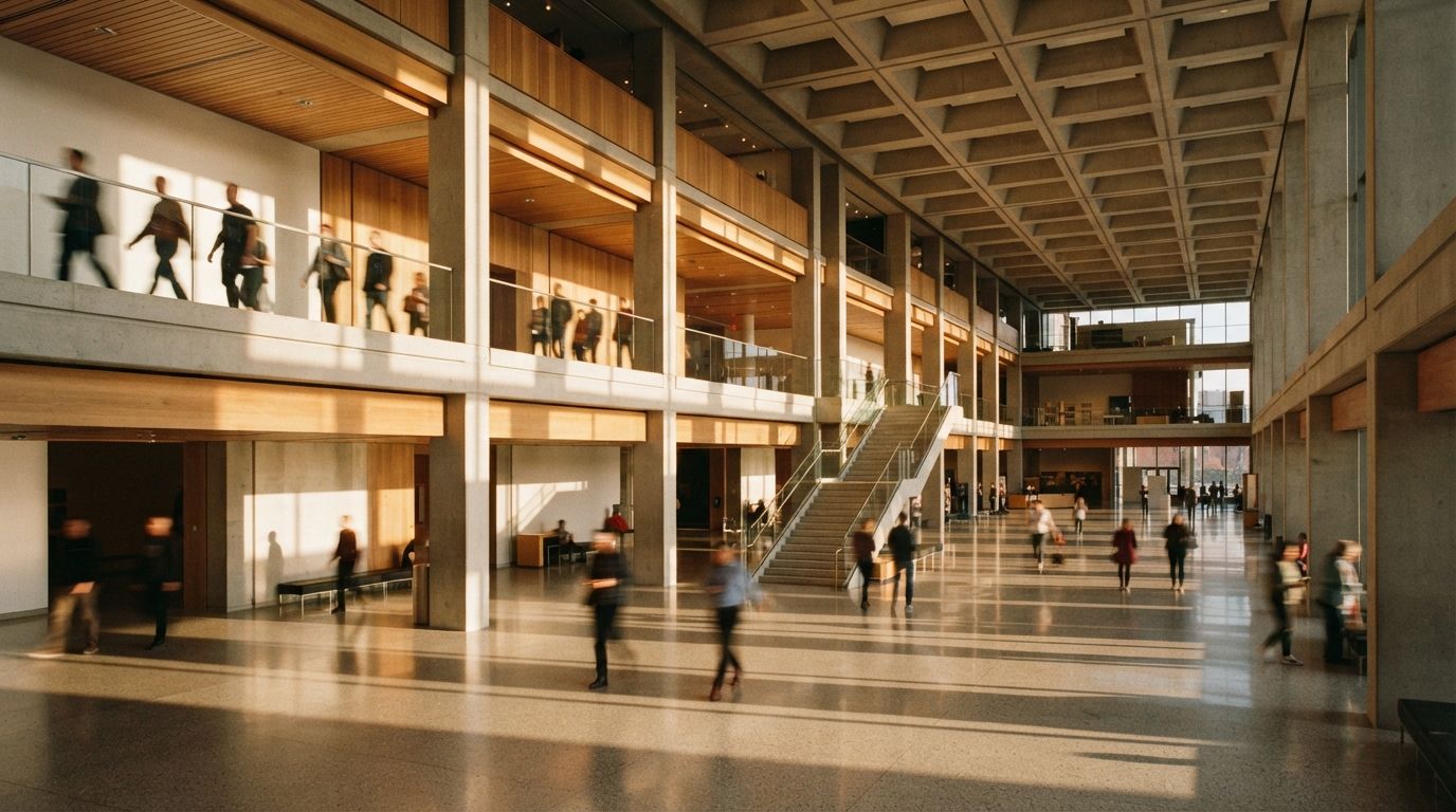 A wide interior shot of a modern concrete atrium with morning sun beams casting dramatic shadows across visitors and multi-level balconies.