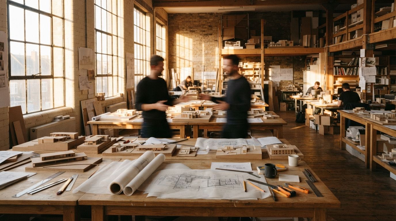Architects examine physical scale models and layered trace paper in a sunlit studio.