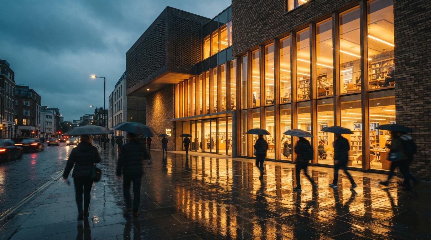 A multi-story civic building illuminated at dusk with warm window lights reflecting on rain-soaked city asphalt.