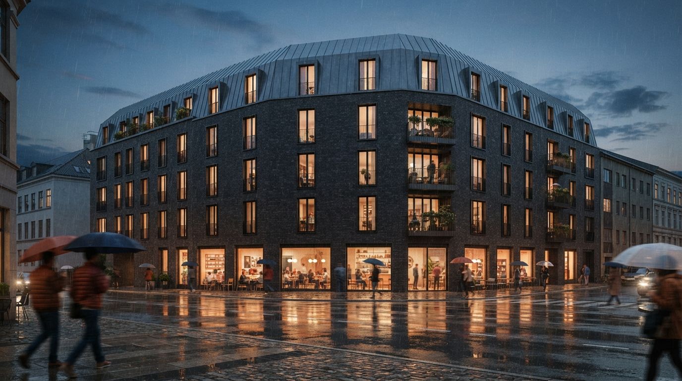 A modern charcoal brick and zinc building illuminated from within at dusk along a wet urban street with pedestrians.