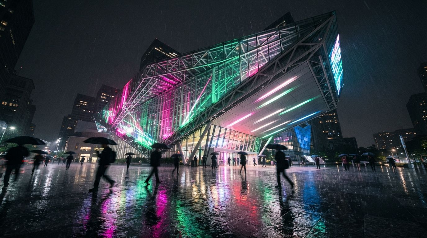 A low-angle photograph of an illuminated glass building reflecting vivid colored lights onto rain-slicked plaza stone at night.