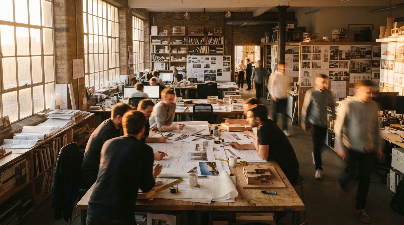 Architects gather around a large table surrounded by pinned-up project prints in a sunlit design studio.