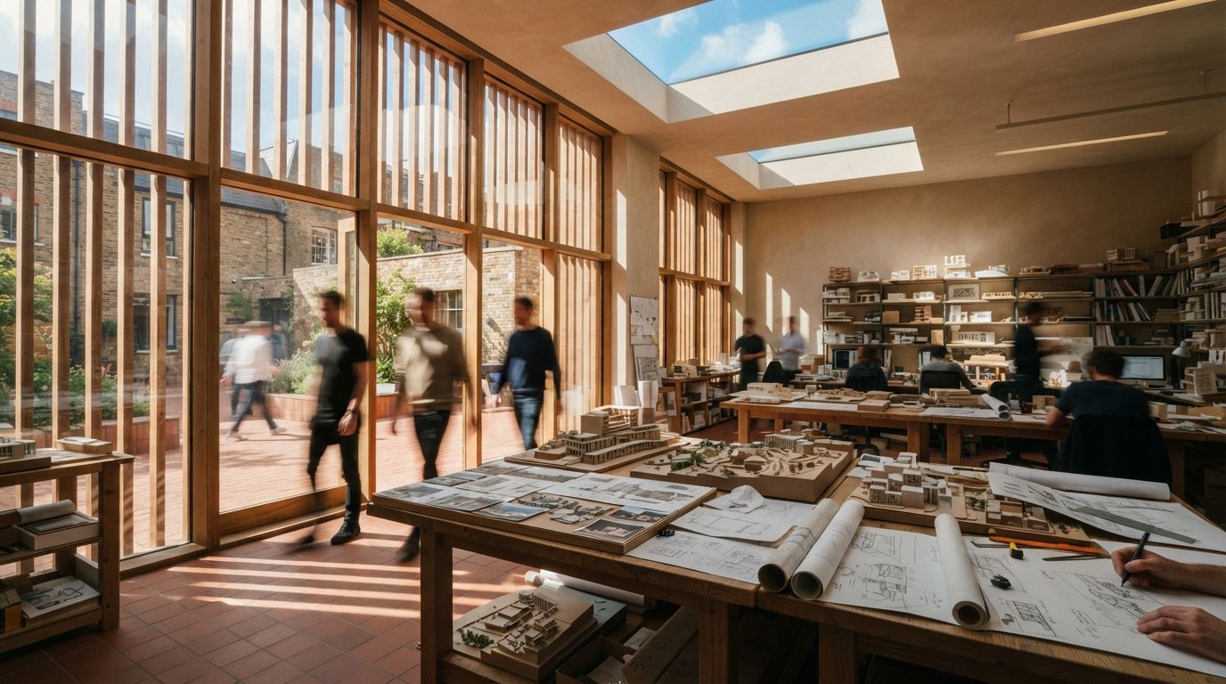 An architectural studio with sun beams illuminating model tables and blurry figures of designers at work.