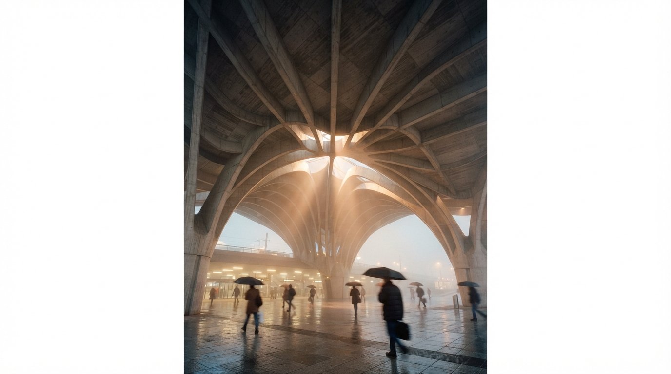A worm's-eye view of a sweeping concrete structural canopy emerging through dense morning fog with silhouettes of commuters below.