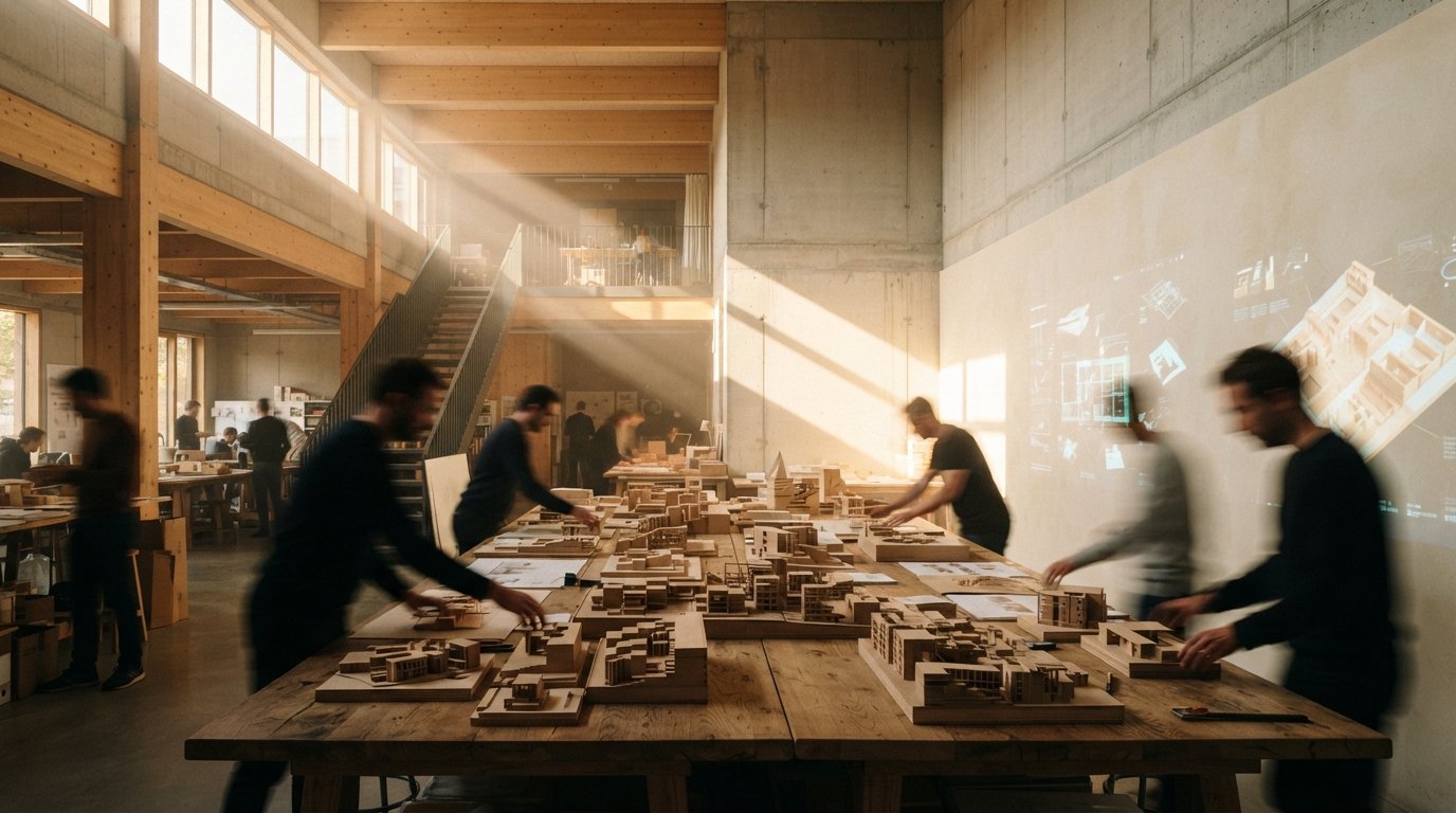Architects move physical models around a large timber table in a sunlit concrete studio.
