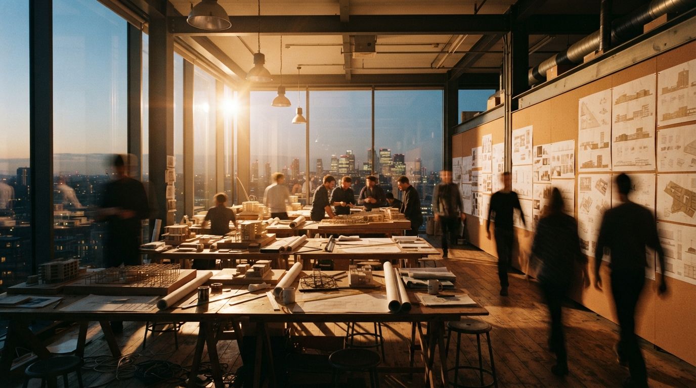 Architects in motion walk past pin-up walls and model tables in a golden hour studio.