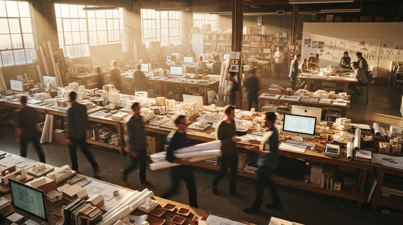 An expansive architectural studio with architects moving among large-scale physical models under bright afternoon light.