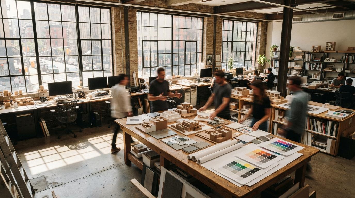 Architects working around physical models and workstations in a sunlit industrial loft studio.