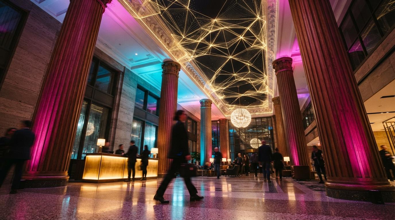 An extreme low-angle view of a modern hotel lobby lit with cyan and magenta lights, featuring ceiling elements transitioning into a digital wireframe.