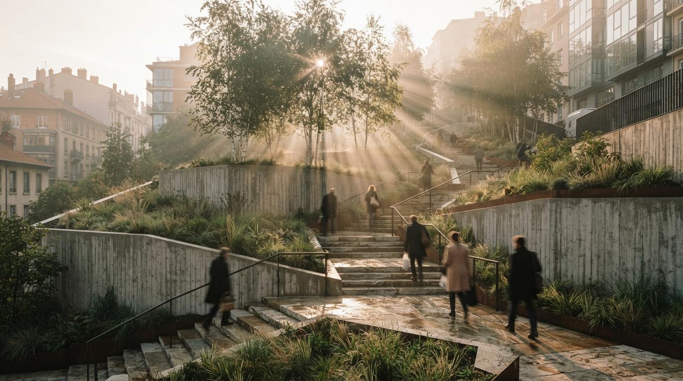 A multi-level terraced hillside park featuring concrete retaining walls, stone steps, and tall grasses under morning sunlight.