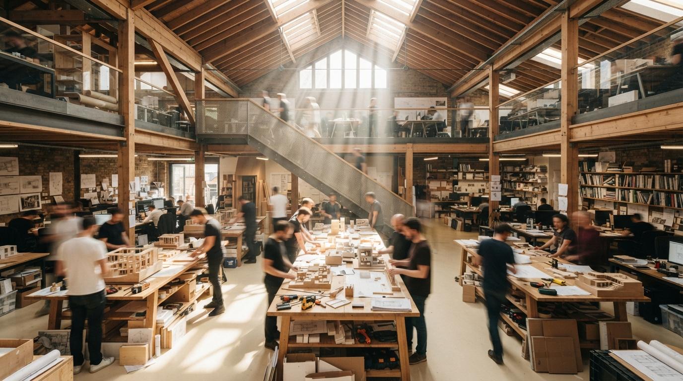 Architects walk through a sunlit, multi-level architectural studio filled with physical scale models.