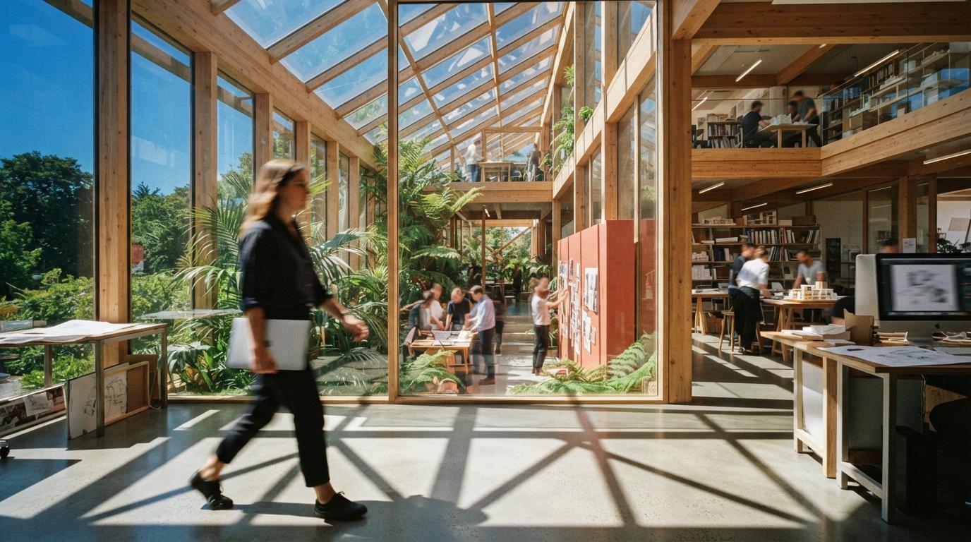 An architect in motion walks through a brightly lit studio featuring bold geometric shadows and views of an exterior atrium.