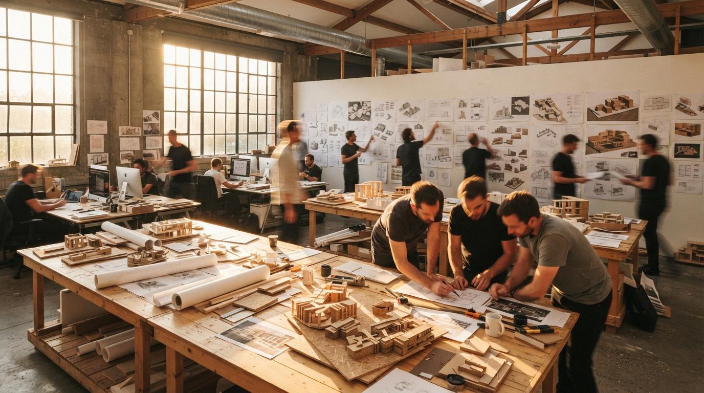 Architects surround a large worktable filled with foam massing models and printed building concepts in a sunlit studio.