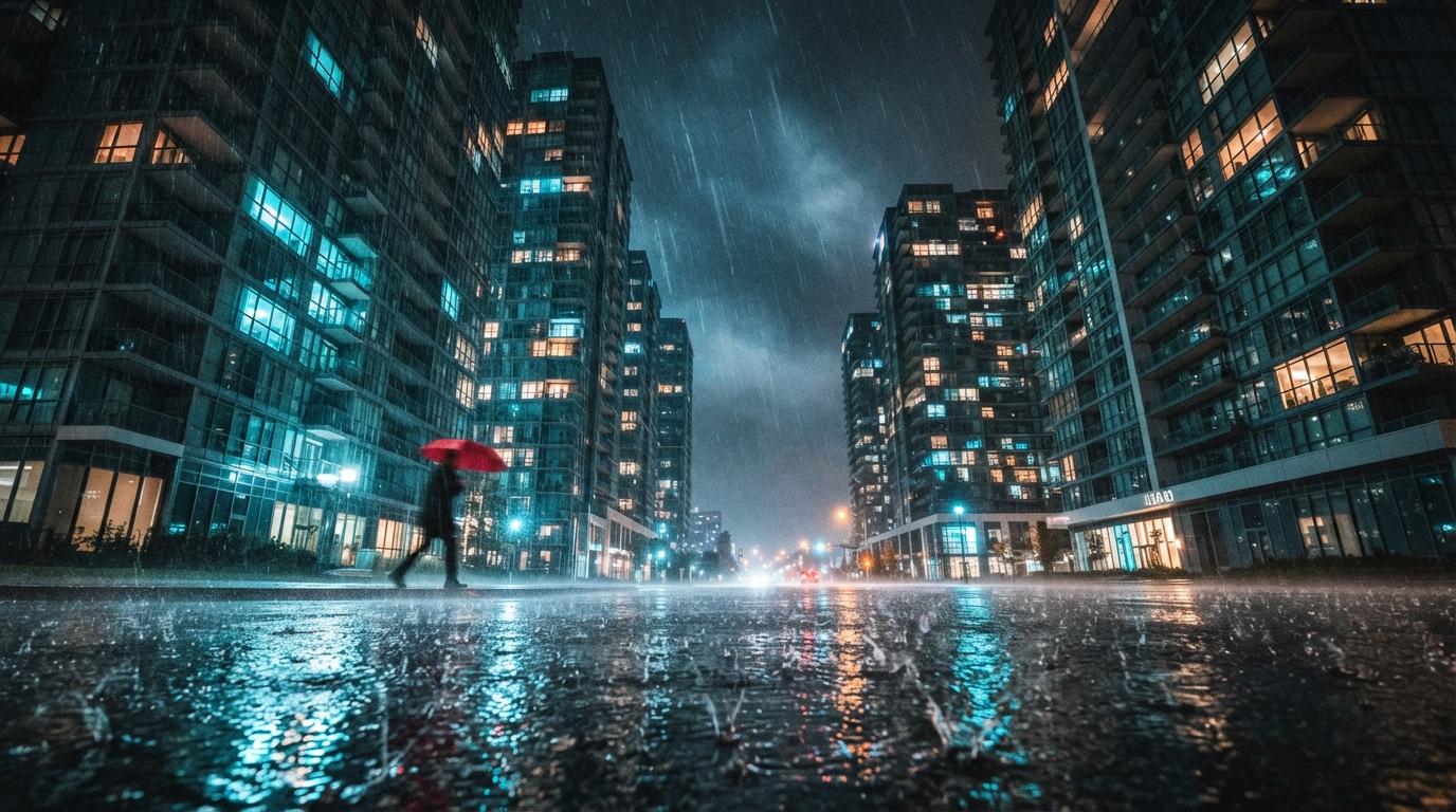 An extreme low-angle photograph of glass modern residential towers reflecting bright amber and cyan light during a heavy rainstorm.