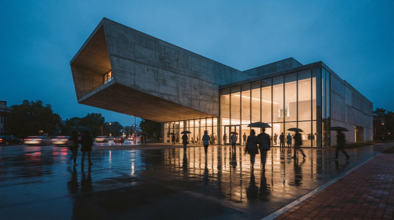 A modern cantilevered glass and concrete building at dusk with rain-washed reflections on the plaza.