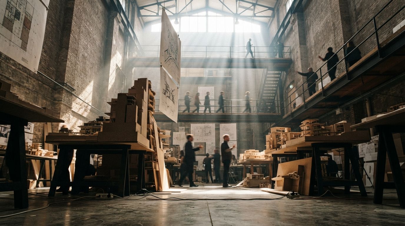 A low-angle shot from the floor looking up at a busy architecture studio filled with light beams, pinned drawings, and walking silhouettes.