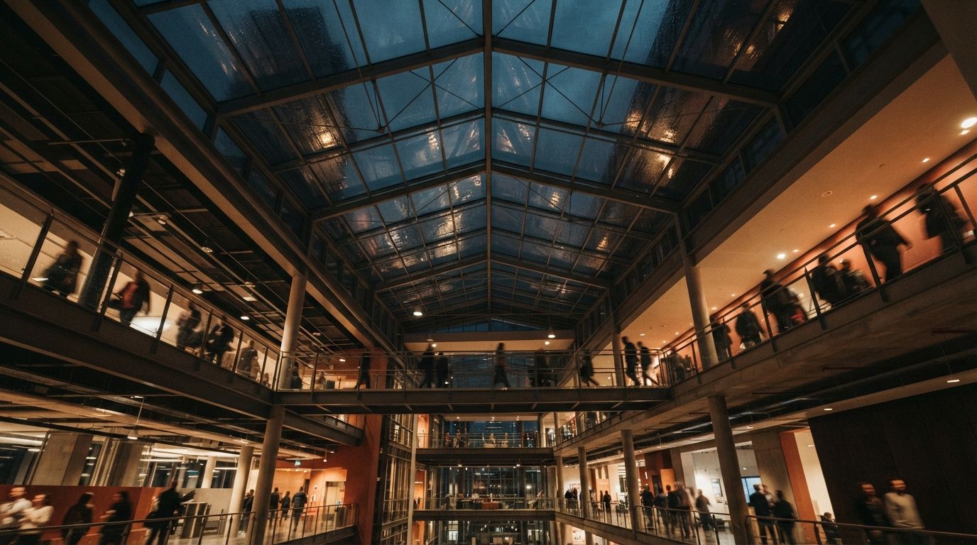 Low-angle shot looking up through a wet glass ceiling at blurred silhouettes on high atrium walkways during dusk.